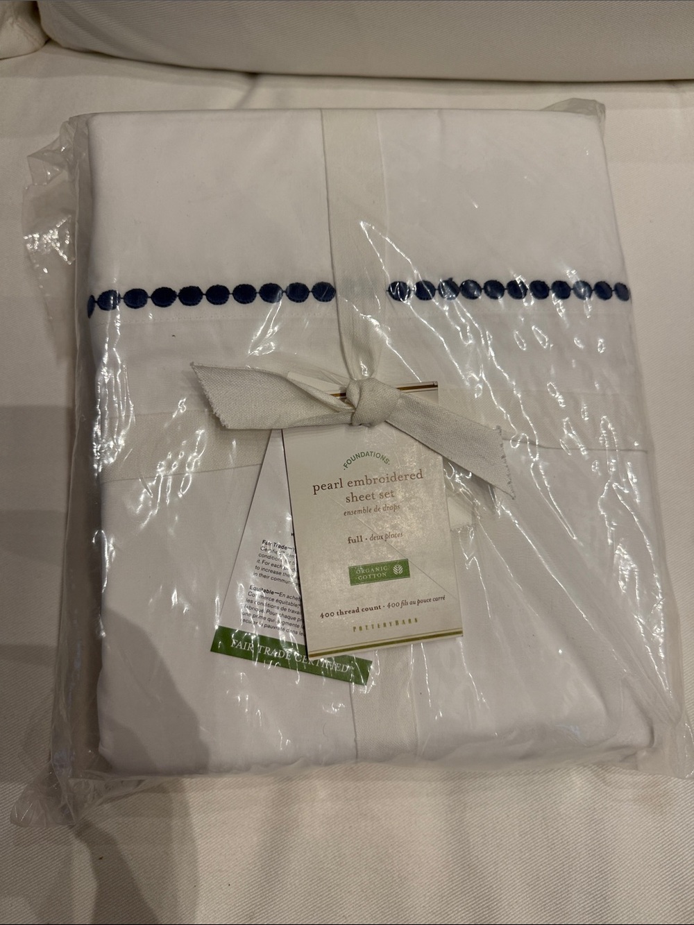 Pottery Barn NWT Pearl Embroidered White Full Sheet Set with Navy Dot Detail